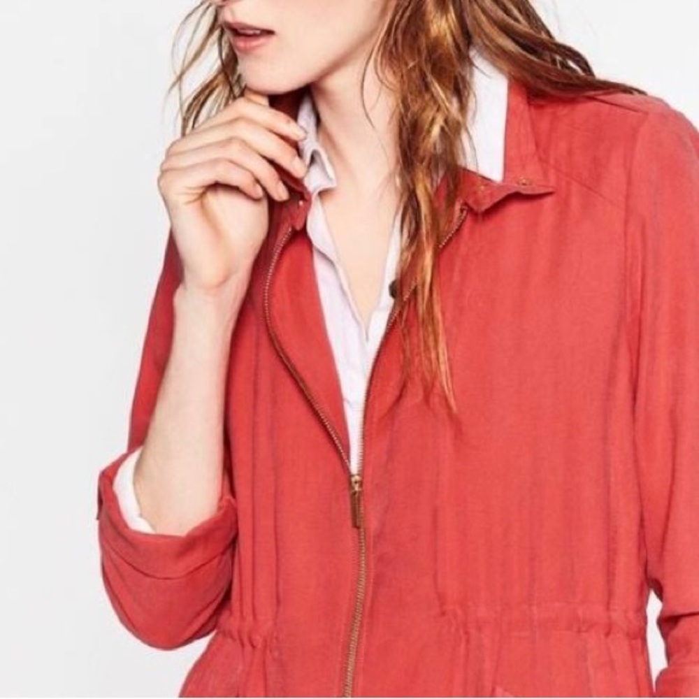 ZARA Strawberry Zip Front Gold Snap Buttons Cinched Waist Utility Safari Jacket